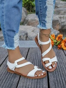 Sandalias de suela blanda, sandalias planas de verano con para adolescentes, zapatos ligeros y cómodos de unicolor con puntera redonda para uso en exteriores y playa - Blanco - Ver 6