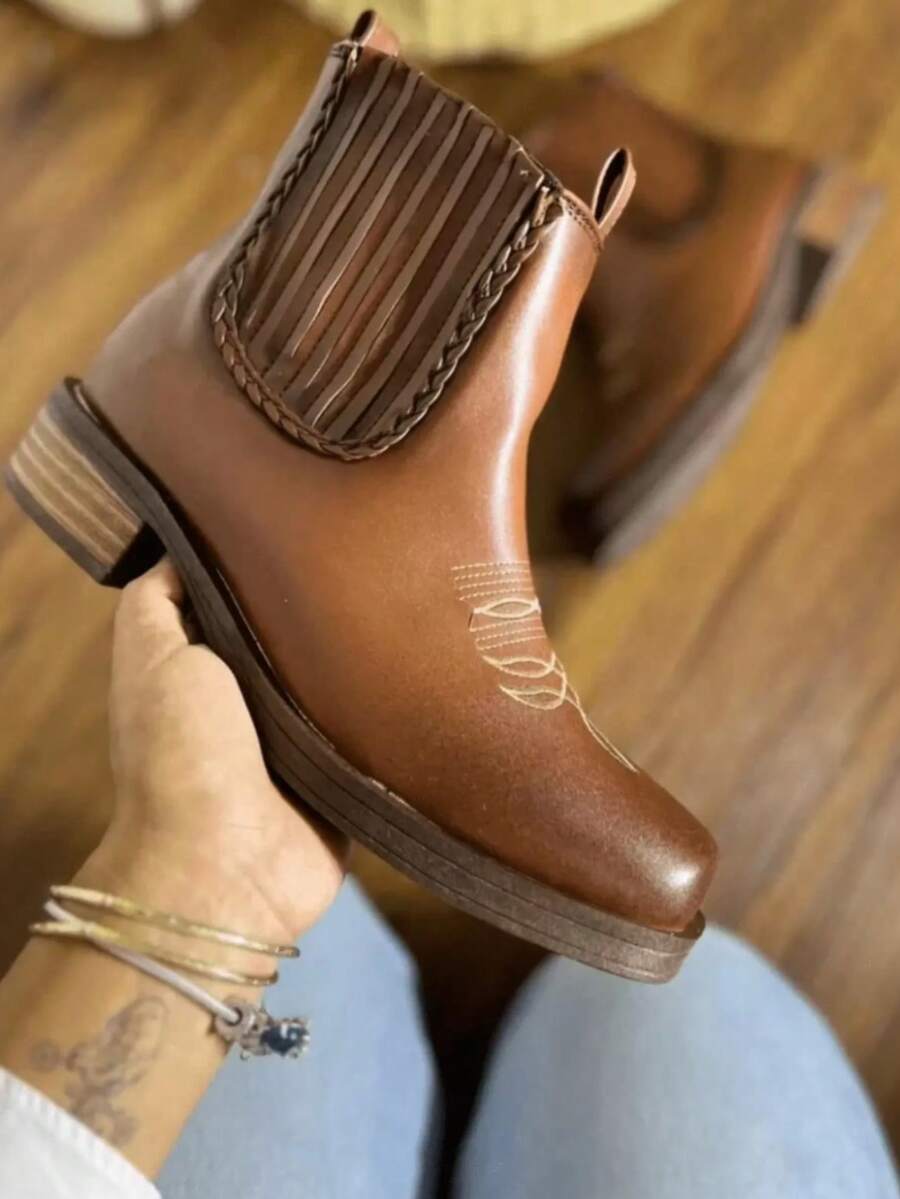 Botas estilo occidental para mujer con detalle bordado,22-26 mx punta puntiaguda, tacón grueso, sin cordones ecopiel elegante ,botas cortas Color Camel y Blanco - Camel - Ver 1