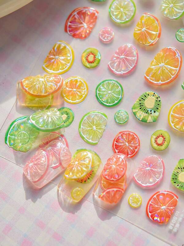 1 Summer Limited Edition 5D Nail Art Sticker, Exquisite Embossed Nail Art Sticker, Kiwi And Orange Fruit Self-Adhesive Nail Design, Suitable For Acrylic Nails, Meniscus And Girls' Nail Art Products, Holiday Gifts, Y2K,DIY