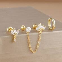 Set de 3 piezas de aretes de aro abrazador con flores de circonita chapadas en oro de 18K, aretes de cartílago Helix Daith de doble orificio con cadena, regalo de joyería para niñas - Flor3 - Ver 10
