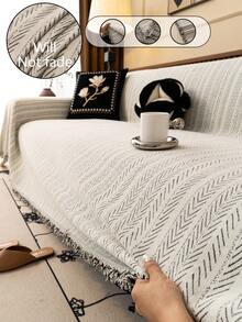 1pc High Density Chenille Sofa Cover, Herringbone Pattern Solid Color, All Season Universal Sofa Blanket, Anti-Dust & Anti-Scratch Sofa Throw - Beige - View 4