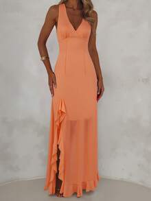 Damska 1 Flirty Orange Ruffle Hem Slit Maxi Dress z Głębokim Dekoltem w Serek, Elegancki Styl Wieczorowy, Idealna Na Kolację I Koktajle