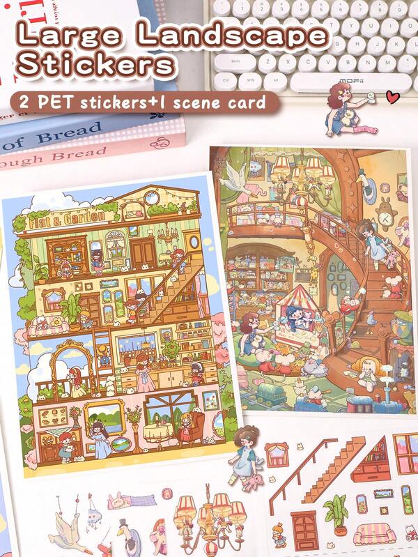 مجموعة 1/2 ملصقات منزل ديكورية كبيرة الحجم متعددة الطبقات، ملصقات مشهد، ملصقات ديوراما منزل ثلاثي الأبعاد مصغر، ملصقات منظر طبيعي، ملصقات مشهد، ملصقات دليل، ملصقات يد مصنفة، قابلة لإعادة الاستخدام، متوفرة بأحجام متعددة