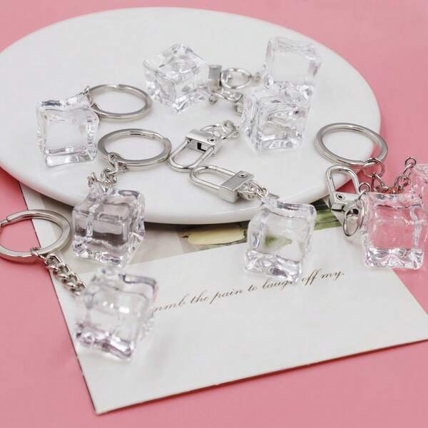 2 Pieces Transparent Acrylic Ice Pendant Key Chain, Creative Crystal Pendant, Key Ring, With Metal Ring And Chain, Suitable For Bag Ornaments, Car Pendants, Decorations