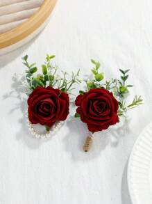 2 pièces Élégant Corsage de poignet et broche en tissu rose de princesse, convient pour le mariage, les fiançailles - Ornements de rose artificielle, pour la mariée, le marié, le cortège de mariage, le bal de promo - Décoration suspendue thématique, parfait pour Thanksgiving, la Saint-Valentin, la Fête des Mères, la Fête des Pères, la Remise des diplômes