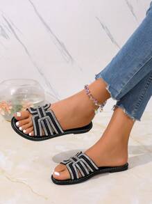 Korean Casual Flat Slip-On Sandals, Women's Summer Open Toe Slippers, Woven Roman Style, Fashionable For Beach, Apartment, Dress Outfit, Brown Color