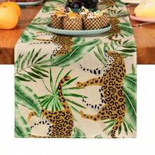 1pc Green Plant & Leopard Printed Table Runner, Suitable For Festivals, Parties, Birthdays, Dinners, Kitchen, Dining Room, Room Decor, Home Textile Decoration, All Seasons