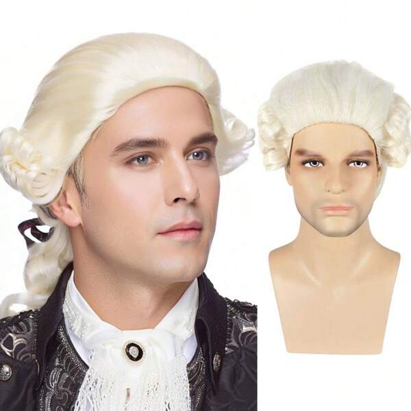 Herrenperücke zum Anziehen, lustiger Karneval, amerikanischer Gentleman, weiße Anwalts- und Richterperücke, Feiertags-Tanzparty, Killer-Cos-Perücke, Chemiefaser-Haar, Kopfbedeckung, schwarz-weiß, grau-golden, großer Zopf, Pferdeschwanz, Richter- und Anwaltsperücke