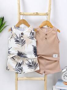 4 pezzi Set casual di moda per bambini maschi: canotta a collo rotondo a costine con stampa a foglia d'acero e tinta unita + pantaloni