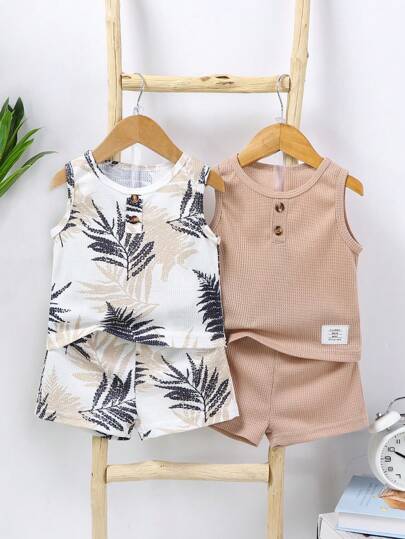 Bhchntiy 4pcs Baby Boy Summer New Maple Leaf Print & Solid Waffle-Knit Round Neck Tank Top + Pants Casual Fashion Set