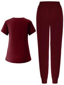 (Four-Piece Set) Scrubs Uniform Women's Running Matte Elastic Sports Nurse  Uniform Wash Clothes Work Clothes Breathable Scrub Shirt - 酒紅色 - 查看 8