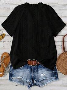 女士宽松镂空短袖衬衫，时尚百搭 - 黑色 - 查看 3