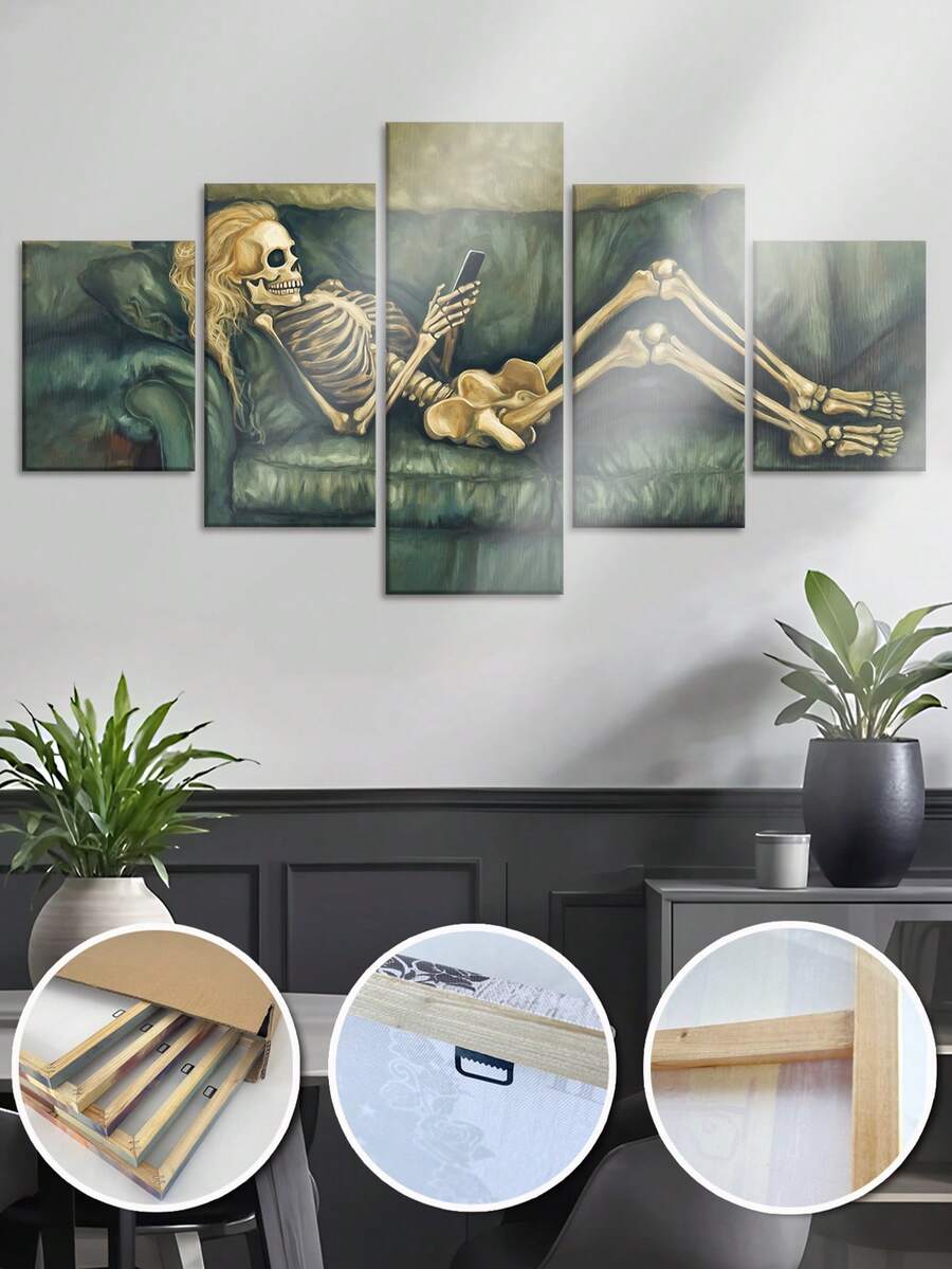 Juego de 5 piezas, Gran pintura al óleo moderna sobre lienzo con marco, El esqueleto recostado en el sofá verde, Arte de pared de calavera, Decoración de Halloween, Otoño, Para dormitorio, sala de estar, baño, gimnasio, estudio de yoga, decoración para el hogar