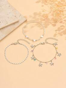 3pcs/Set Summer Beach-Style Silver Heart Shell, Pearl & Tassel Beach Ankle Chain, Fashion Jewelry Accessory Set For Women, Suitable For Daily Wear And Beach Vacation - Multicolor - View 3