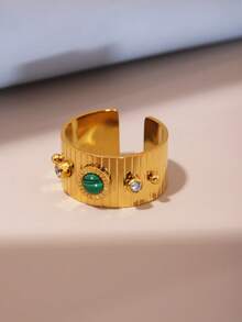 1pc Retro Natural Turquoise Women's Ring, Suitable For Daily Wear - Yellow Gold - View 4