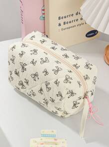 1Piece Quilted Handle Makeup Bag Small Quilted Cosmetic Bag Cute Bow Design Makeup Pouch Makeup Bag Aesthetic Travel Toiletry Bag Organizer Makeup Brushes Storage Bag For Women Bow Pencil Case For Makeup Pouch Skincare Bag Bag For School School Accessories School Stuff