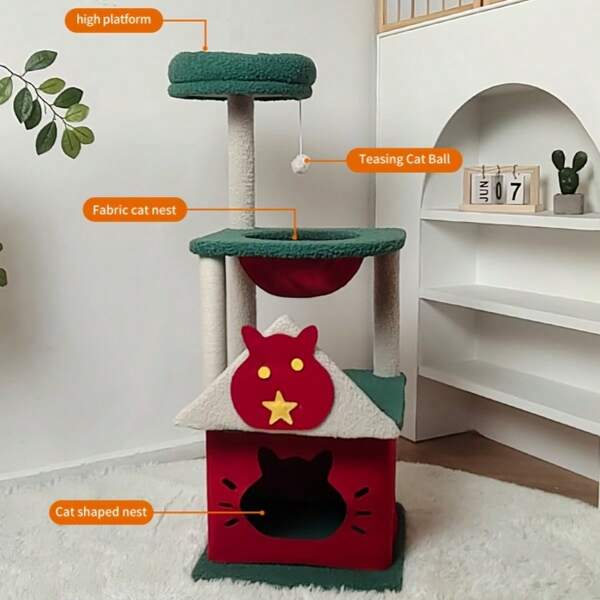 40-Inch Cat House With 1 Apartment, 1 Hammock And 1 Hanging Ball, Large Cat Tower For Kittens And Cats