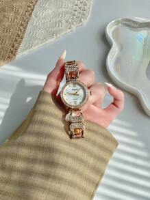 1pc Women Round Elegant Glamorous Quartz Watch, Versatile For Daily Wear Or Gatherings Halloween, Gifts