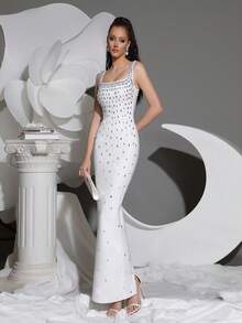 Modphy New Luxury Diamond Embellished Strapless Bandage Maxi Formal Gown, White Sexy Tight Party Dress Suitable For Wedding, Formal Occasion - White - View 5