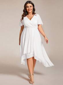 EVER-PRETTY Vestido formal elegante de talle alto hasta la rodilla con escote en V y bajo asimétrico con fruncidos para despedida de soltera, ducha nupcial, vestido de novia para boda