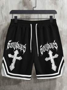 Men's Fashion Letter & Cross Print Outdoor Sports Shorts