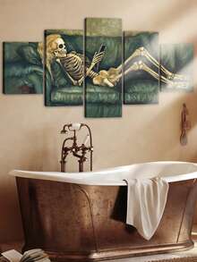 Juego de 5 piezas, Gran pintura al óleo moderna sobre lienzo con marco, El esqueleto recostado en el sofá verde, Arte de pared de calavera, Decoración de Halloween, Otoño, Para dormitorio, sala de estar, baño, gimnasio, estudio de yoga, decoración para el hogar - Multicolor - Ver 4