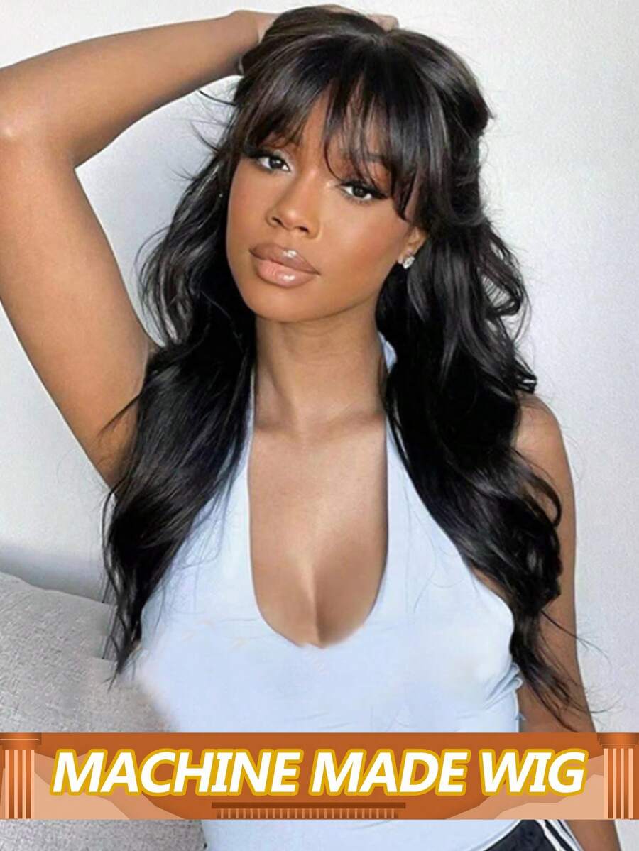 Brazilian Virgin 200% Density Body Wave None Lace Front Wigs Human Hair With Bangs Glueless Machine Made Wigs For Women Natural Color - Natural Black - View 1