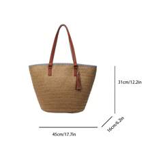 1 Piece Of Khaki Large Capacity Straw Woven Bucket Bag, Suitable For Casual And Versatile Women's Shoulder Tote Bag, Suitable For Daily Commuting, Travel, Beach Vacation And Use