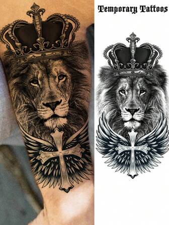 1 张狮子十字架临时纹身，适用于女性、男性手臂、大腿、小腿、前臂，逼真的防水假纹身贴纸，成人持久临时半臂袖纹身
