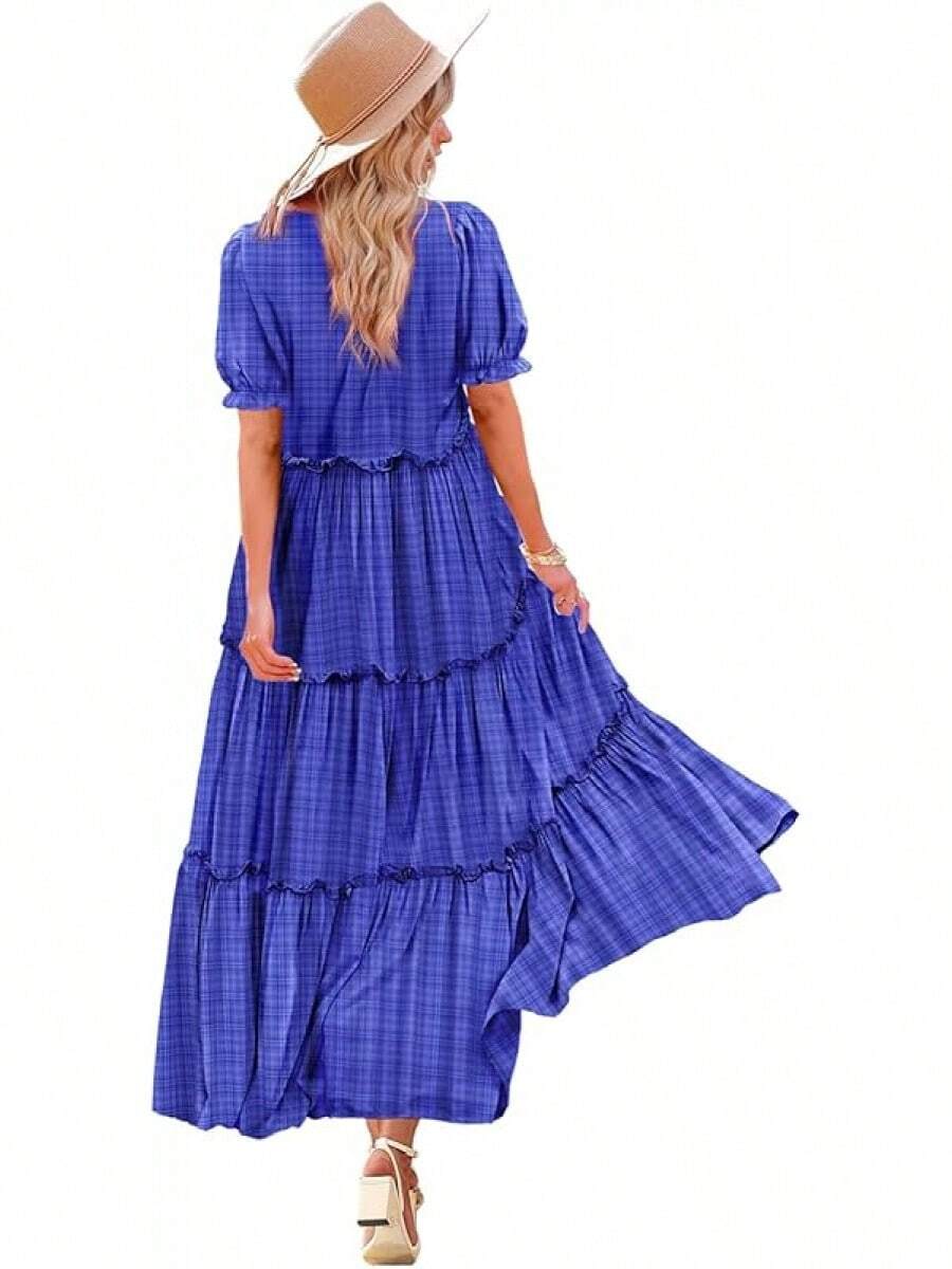 YESNO Summer Casual Bohemian Floral Dresses Women Puff Short Sleeve Long Maxi Dress With Pockets ETX - Royal Blue - View 1