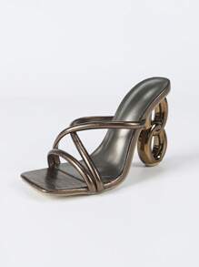 Women's Bronze Square Toe Criss-Cross Strap Asymmetric Heel French Party Casual Elegant Fashion High Heel Sandals, Suitable For Daily Wear