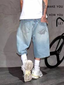 男士韩版破洞宽松牛仔百慕大短裤 - 淺色水洗藍 - 查看 2