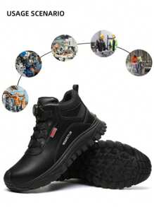 Unisex Leather Rotating Button Comfortable Safety Shoes, High Top Safety Boots, Steel Toe Shoes, Anti-Crush Anti-Puncture Protection Hiking Boots, Unisex Design, Waterproof, Anti-Skid, Wear-Resistant Work Shoes, Suitable For All Seasons, Black