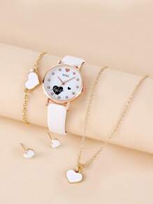 SOKI SOKI 5pcs/Set Ladies Watch Women PU Strap Casual Quartz Watch And Heart Necklace Earrings Bracelet Jewelry Set Suitable For Daily Wear, Back-To-School Season, Graduation Season, Thanksgiving, Couples, The Best Gifts Watch Box Not Included