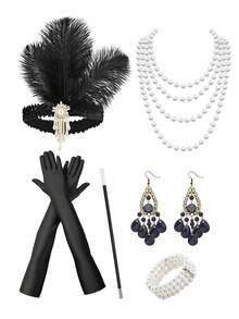 D EXCEED 4/5/6PCS Women's 1920s Flapper Accessories Retro Party Props Gatsby Charleston Feather Headwear Faux Pearl Necklace Earrings With Long Gloves, Suitable For Women's Halloween Party Dress Accessories - Multicolor - View 33