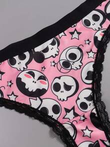 Dircho 6pcs Sexy Cute Gothic Contrast Lace Thongs, Halloween Orange Black Eyeballs & Skulls & Stars & Bats & Spiders Allover Print Comfy Intimates Panties, Women's Underwear & Lingerie - Multicolor - View 10