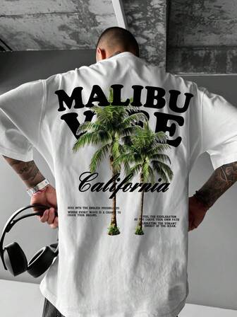 Shwiy Vår-/sommarpalmtryck för män Vit mode kortärmad California Coconut Tree Grafisk T-shirt, Casual Holiday & Streetwear, Lämplig som pojkvänspresent