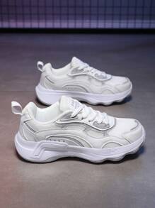 Women's White Fashion Minimalist Sports Shoes, Thick Sole Lightweight & Comfortable Outdoor Casual Lace-Up Low-Top Breathable Running Shoes