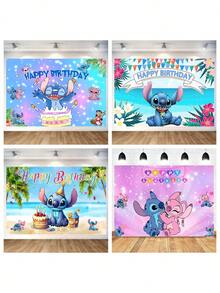 1 pieza Telón de fondo de Lilo y Stitch para fiesta de cumpleaños, decoración de fotografía, fondo de océano y flores, prop de bandera de 100*150cm - Ver 2