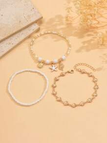 3 Stücke/Set Sommer Ozean Stil Soft Clay & Perlen Metall Seestern, Muschel & Konchenkette Fußkette, Mode goldene Muschel Kette handgemachter Fußschmuck, geeignet für tägliche Outfit Dekoration, Strand Urlaub Outfit