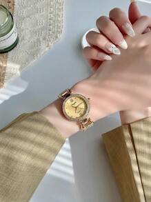 1pc Women Round Elegant Glamorous Quartz Watch, Versatile For Daily Wear Or Gatherings Halloween, Gifts