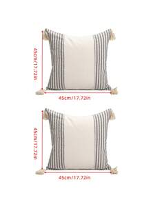 1 pieza/2 piezas Fundas de cojín con estampado de rayas grises y blancas, de tela de lona de algodón, con diseño de flecos en las cuatro esquinas, efecto bicolor, estilo nórdico para sala de estar, sofá, dormitorio, 30*50cm, 45*45cm