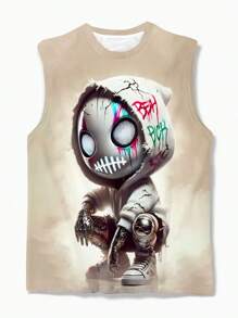 Camiseta de cuello redondo sin mangas casual con estampado de esqueleto y letras para hombre, de tela de poliéster adecuada para uso al aire libre y urbano, verano