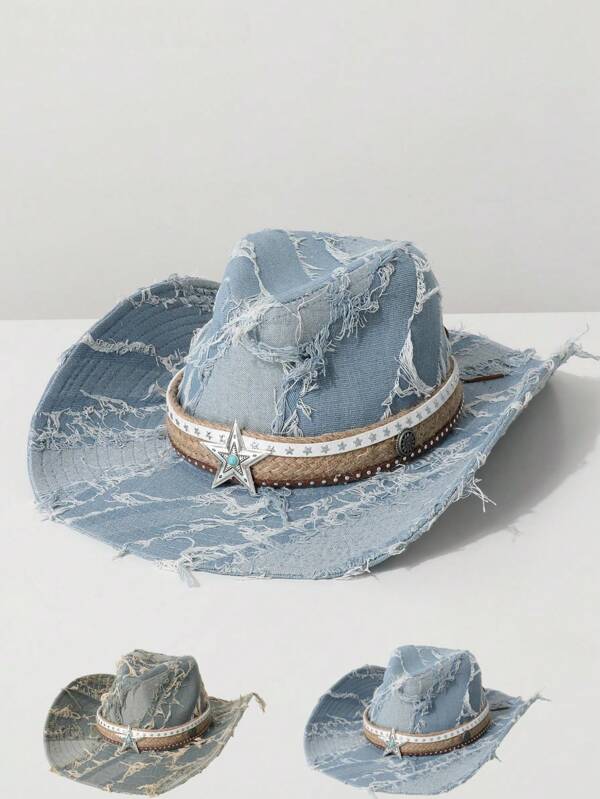 1pc Women's Western Cowgirl Hat, Panama Hat, Jazz Hat, Washed Denim Material, Distressed Finish, Suitable For Cowboy Themed Events, Festivals, Birthdays, Cosplay, Outdoor Activities, Daily Wear