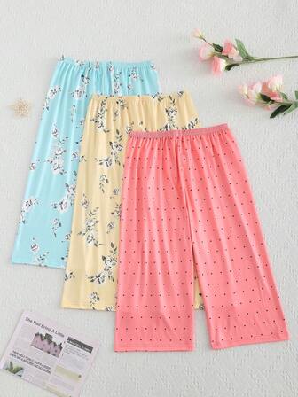 3pcs Casual Women Floral Printed 3/4 Pants Pajamas Set