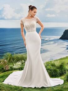 Vestido de noche elegante y formal con mangas cortas, Vestido de novia de sirena blanco con encaje y lentejuelas