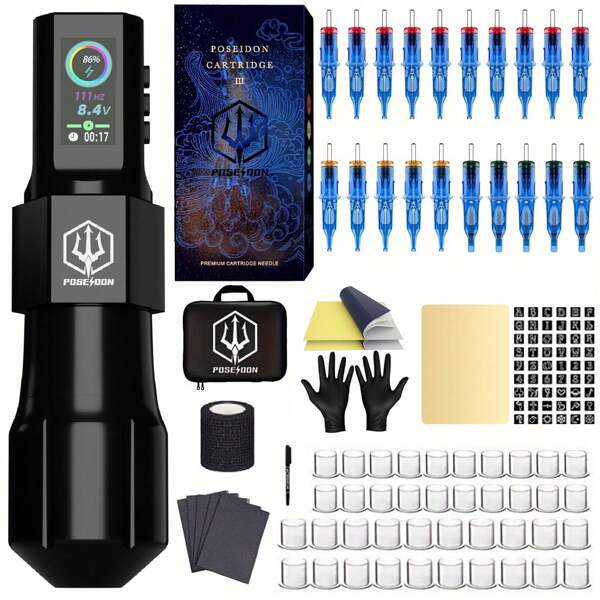 POSEIDON POSEIDON Tattoo Gun Kit-Tattoo Pen With 20Pcs Tattoo Needles Cartridge And Wireless Power, Tattoo Pen Kit With Digital LED Display, Tattoo Machine Tattoo Supplies For Artist