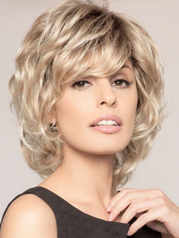 1 pieza Peluca sintética corta, rizada y mixta de color dorado natural para mujer con flequillo lateral, de 12 pulgadas, adecuada para uso diario, festivales, bodas, cumpleaños, fiestas y disfraces