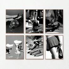 1 幅黑白海报女人喝红酒车印刷帆布画性感墙壁艺术画家居生活复古酒吧房间装饰无框 - 彩色 - 查看 1