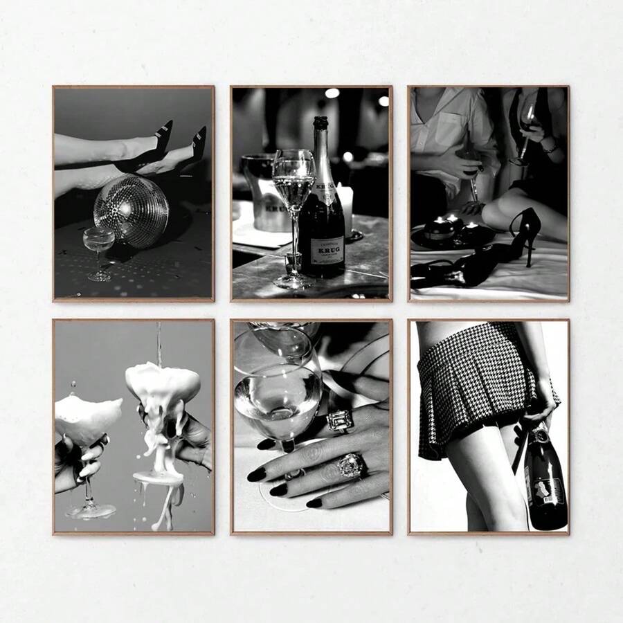 1 幅黑白海报女人喝红酒车印刷帆布画性感墙壁艺术画家居生活复古酒吧房间装饰无框 - 彩色 - 查看 1